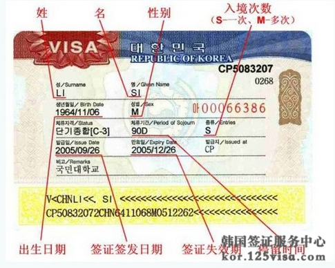韩国签证页样本图