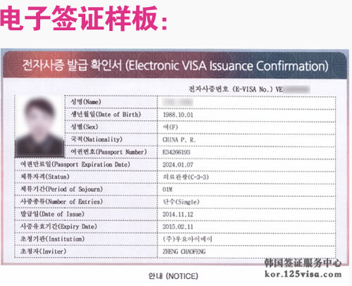 韩国电子签证样板