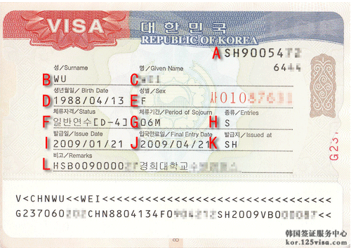 韩国签证页示例
