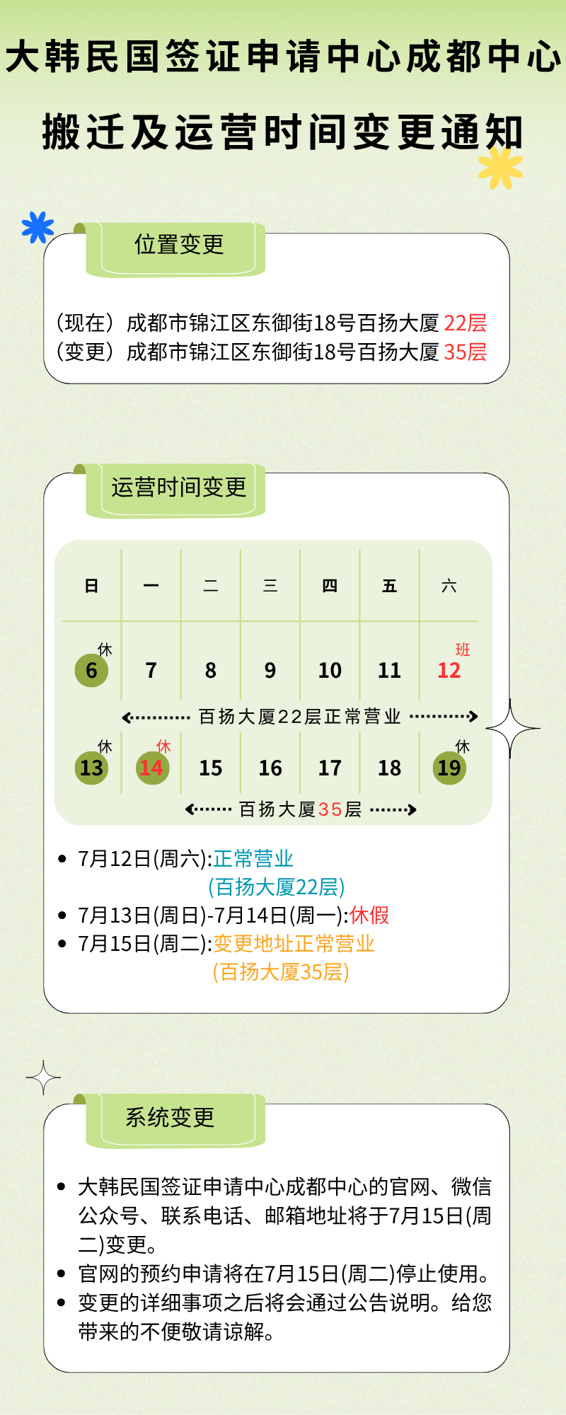 韩国成都签证中心搬迁及运营时间变更通知